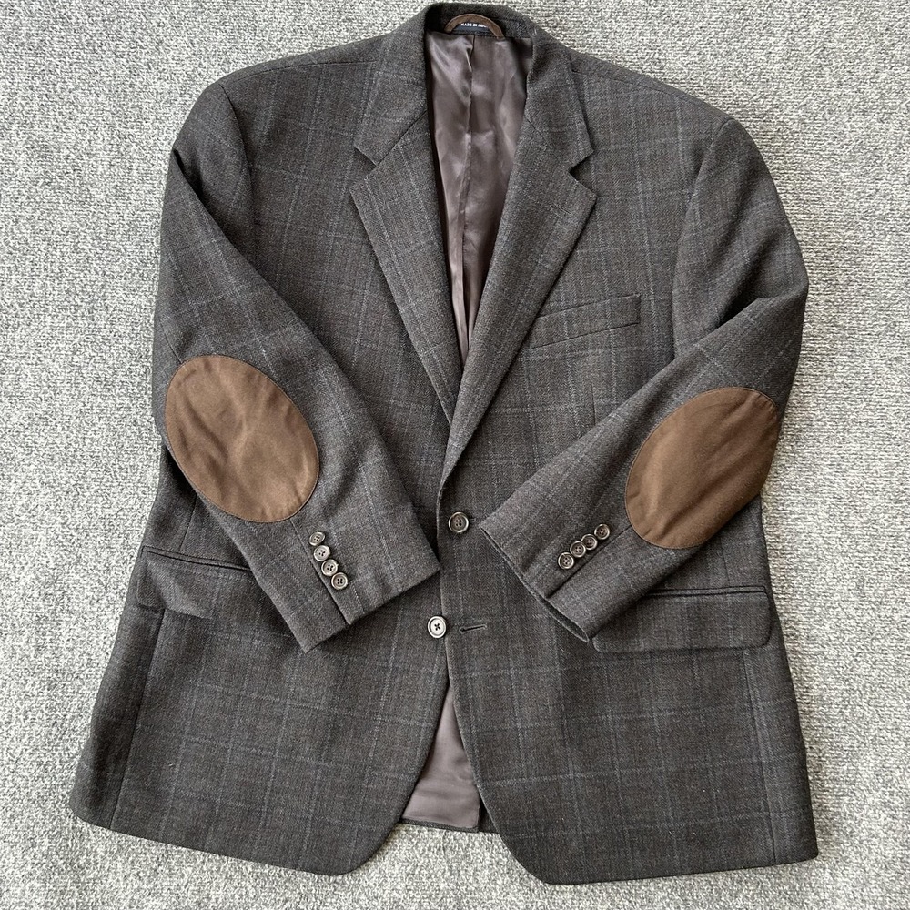 Ralph Lauren Blue Label Wool Sport Coat 44S Navy Brown Plaid Elbow Patch Blazer